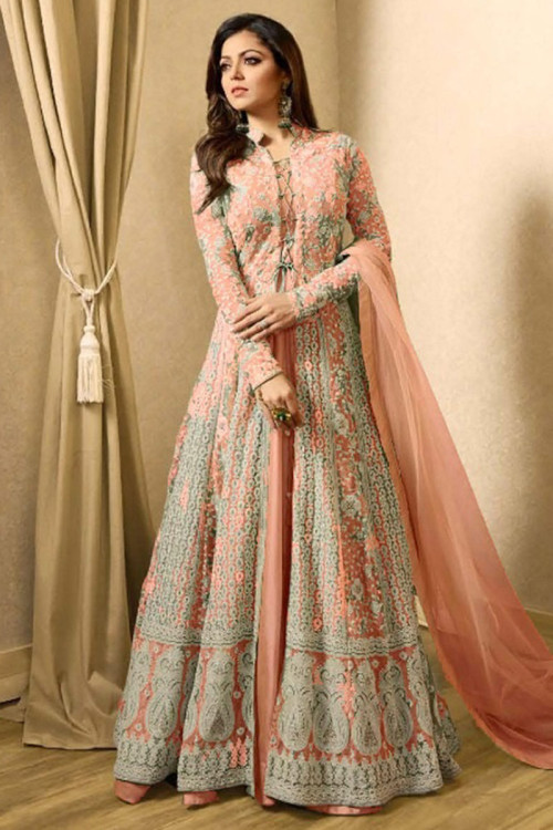 Peach Color Silk Embroidered Ladies Suit