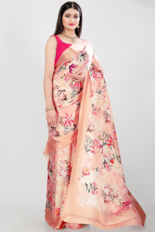 Light Peach Satin Printed Saree