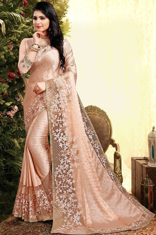 Light Peach Satin Silk Saree With Silk Blouse