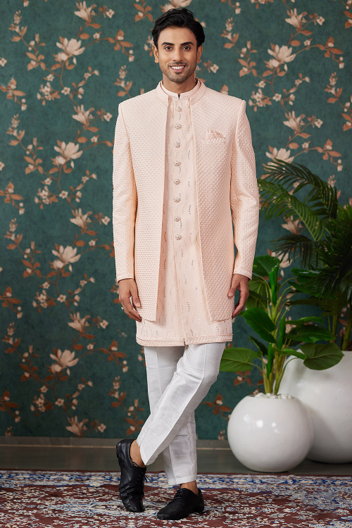 Light Peach Silk Blend Embroidered Jacket Style Men's Sherwani