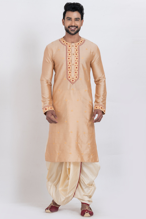 Light Peach Silk Blend Embroidered Men's Kurta With Dhoti