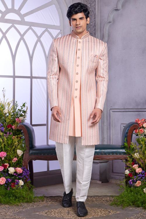 Light Peach Silk Blend Embroidered Men's Sherwani for Wedding