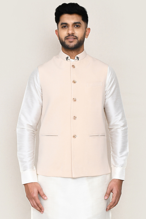 Light Peach Silk Blend Embroidered Men's Waist Coat 