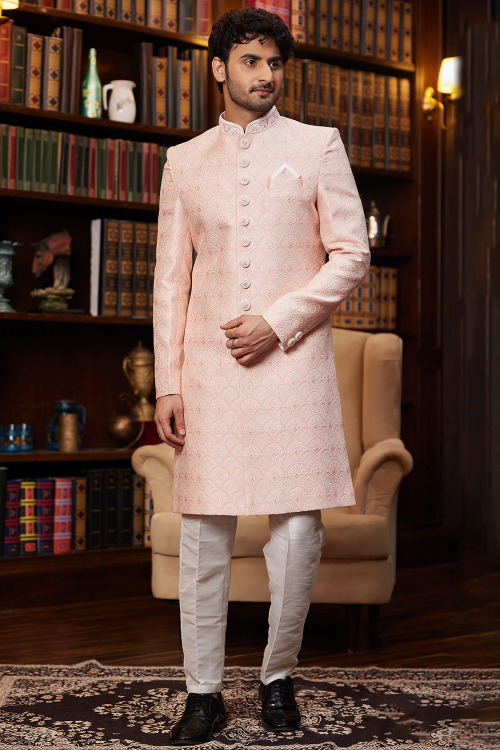 Light Peach Silk Blend Embroidered Straight Cut Men's Sherwani