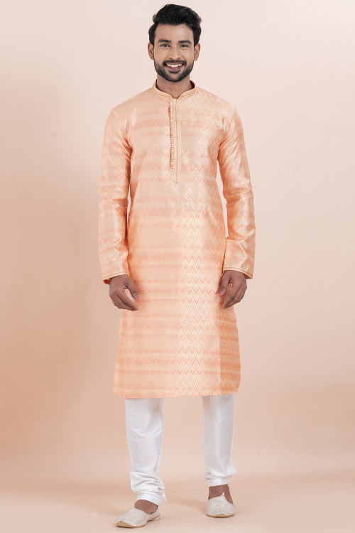 Light Peach Silk Blend Men's Kurta Churidar With Zari Weave 