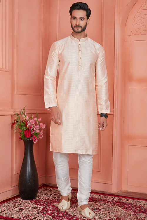 Light Peach Silk Blend Weaved Thread Men's Kurta With Churidar