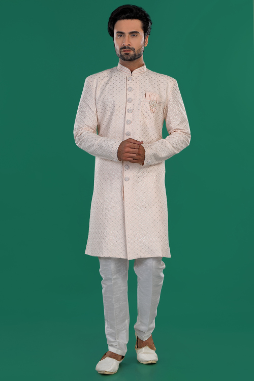 Light Peach Silk Embroidered Indo Western Men's Sherwani