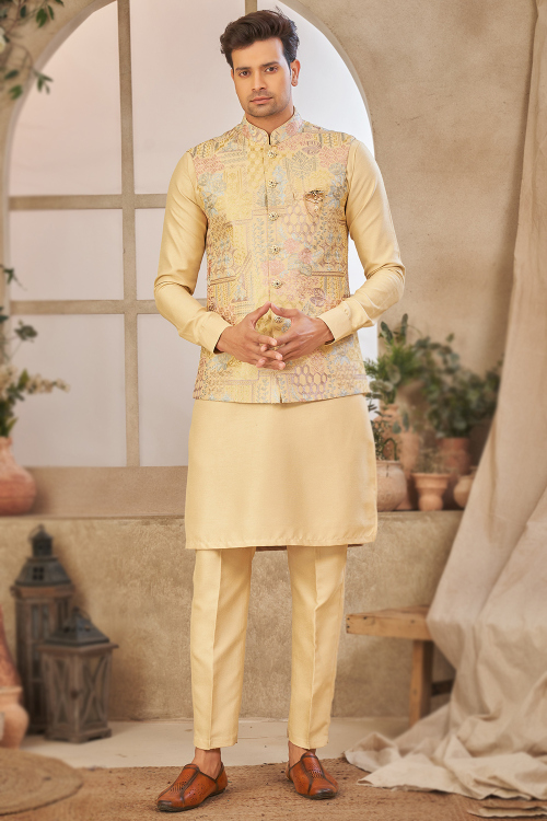 Light Peach Silk Jacket Style Men's Plain Kurta With Trouser Pants