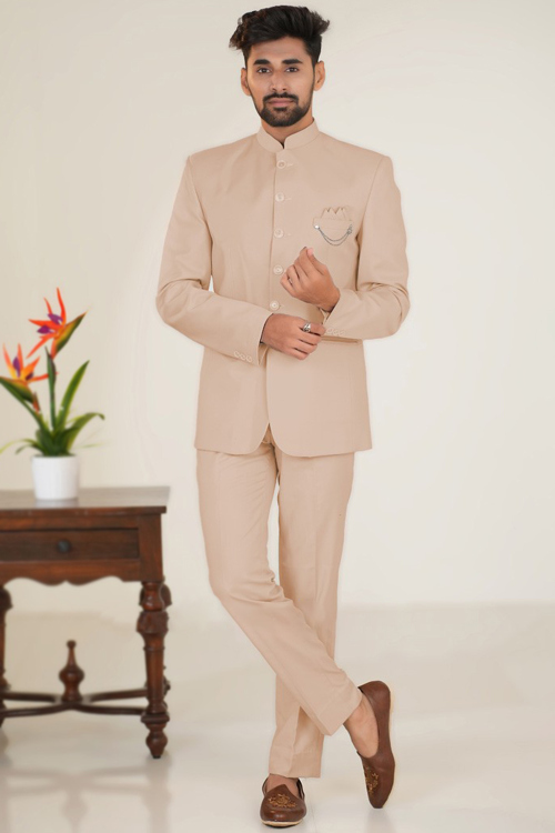 Light Peach Silk Plain Jodhpuri Style Men's Coat Pant
