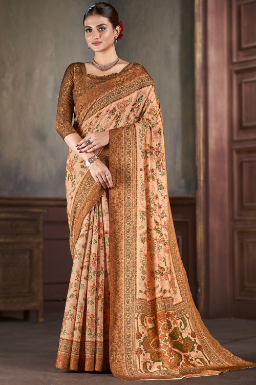 Light Peach Silk Printed Light Weight Saree