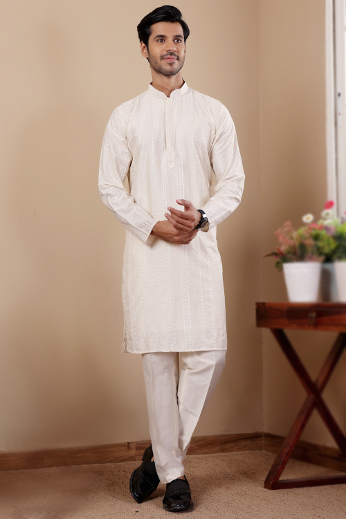 Light Peach Silk Printed Straight Cut Men's Kurta Pajama 