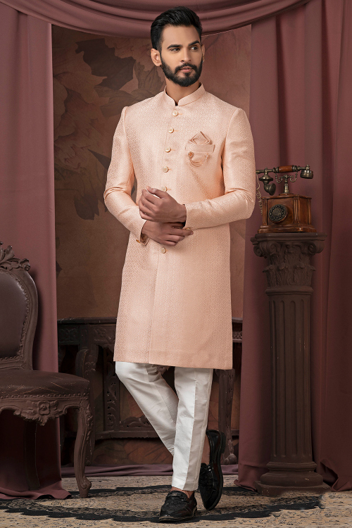 Light Peach Silk Weaved Thread Ready Made Straight Cut Men’s Sherwani