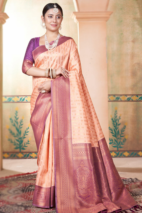 Light Peach Silk Weaved With Thread And Zari Handloom Saree
