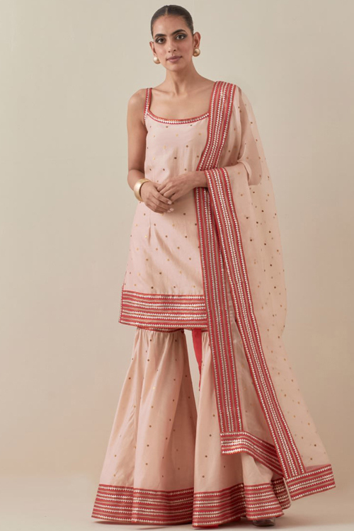 Light Peach Uppada Silk Sequins Embroidered Sharara Suit