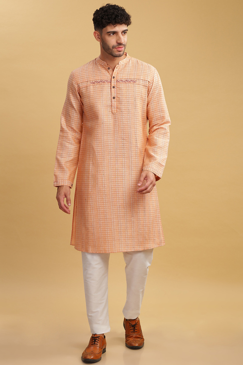 Light Peach Weaved Thread Casual Wear Cotton Men's Kurta