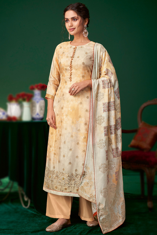 Light Peach Weaved Zari Viscose Casual Wear Palazzo Suit 
