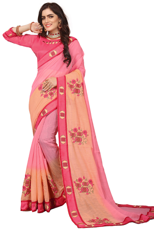 Light Pink And Peach Silk Embroidered Saree