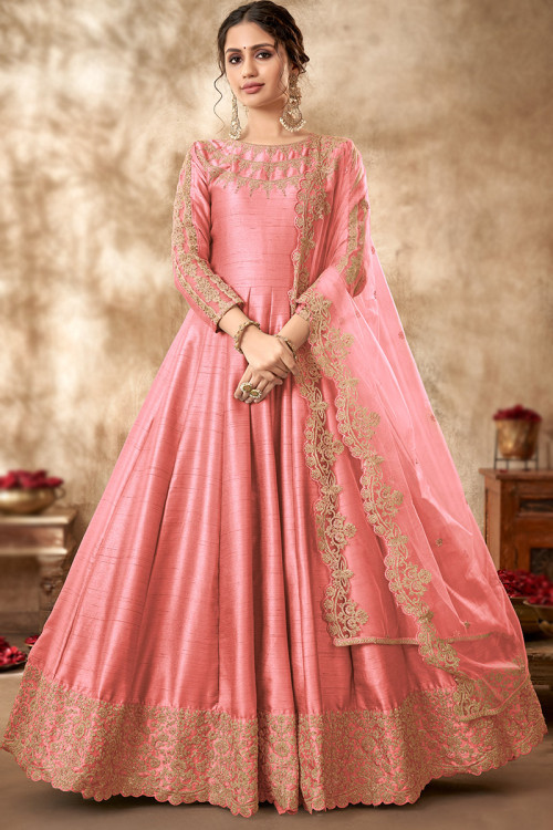 Light Pink Art Silk Dori Embroidered Floor Lenght Anarkali Suit