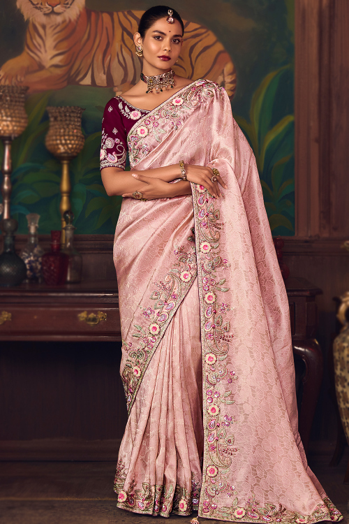 Light Pink Art Silk Heavy Woven Zari Saree 