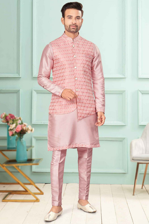 Light Pink Art Silk Men's Jacket Style Kurta Pajama With Lace