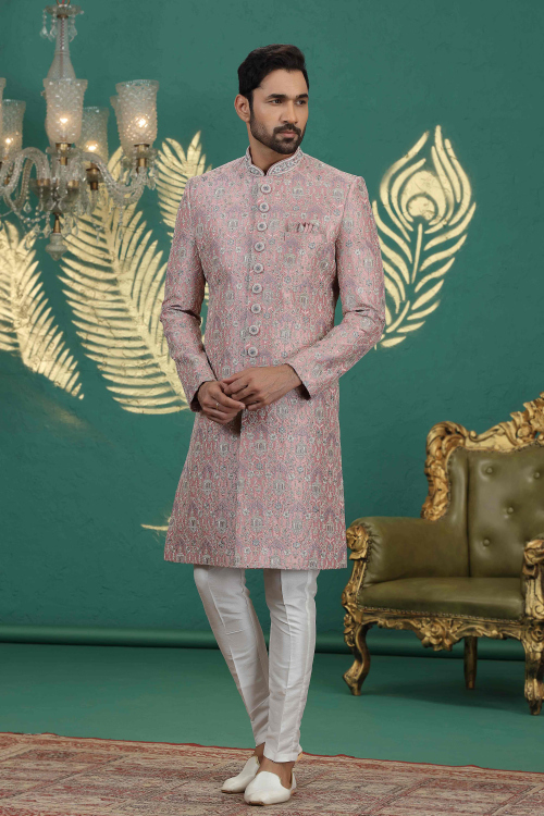 Light Pink Art Silk Men's Sherwani With Beads Work For Weddings