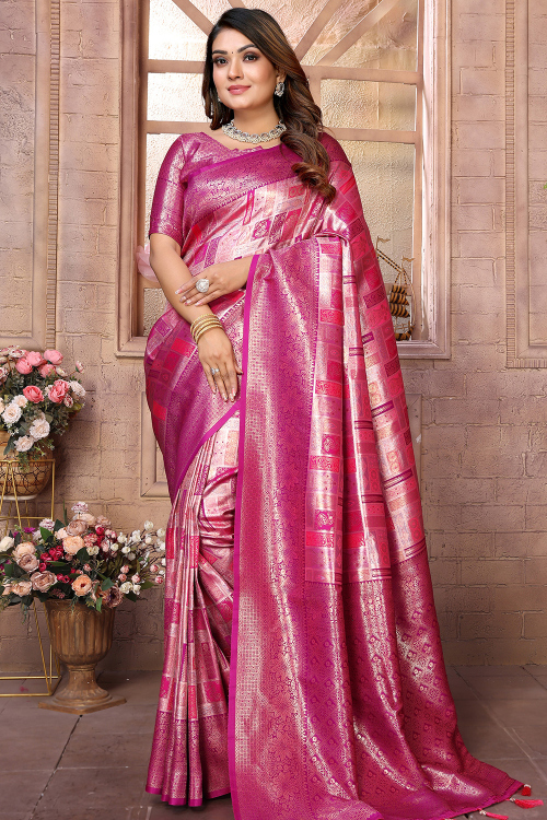 Light Pink Art Silk Saree With Weaved Work For Festival 