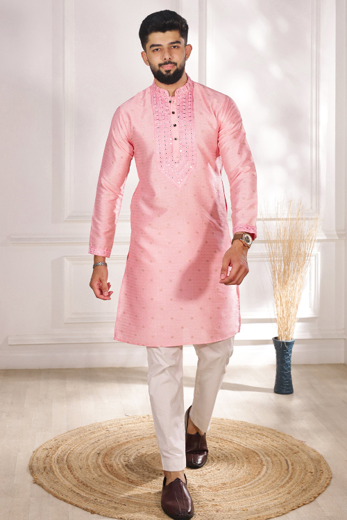 Light Pink Art Silk Weaved Straight Cut Men's Kurta Pajama