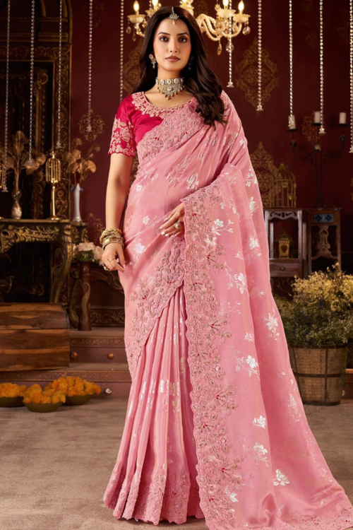 Light Pink Art Silk Woven Zari Heavy Saree 