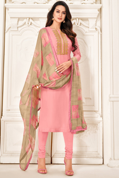 Light Pink Chanderi Cotton Indian Churidar Suit