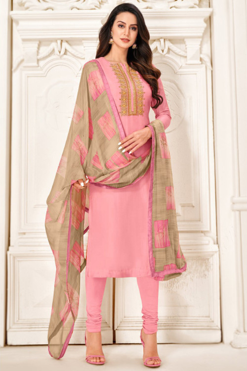 Chanderi Cotton Light Pink Party Wear Churidar Suit