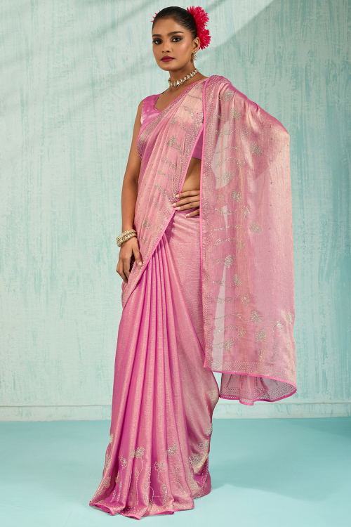 Light Pink Chiffon Saree With Stone Work For Festival