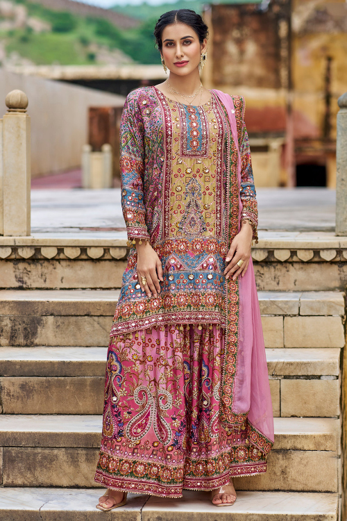 Light Pink Chinnon A Line Printed Sharara Suit