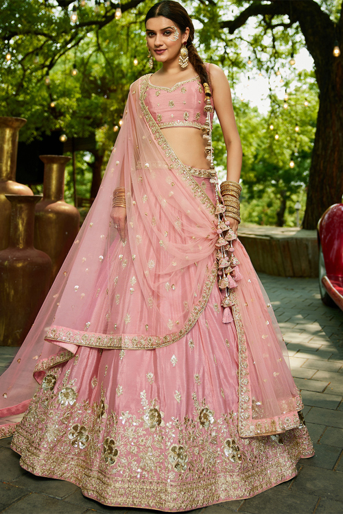 Light Pink Chinnon Panelled Style Lehenga With Embroidered Work