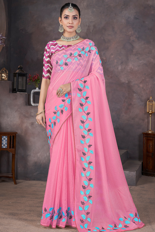 Light Pink Chinnon Saree With Zari Work For Diwali