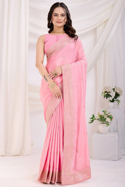 Light Pink Chinnon Sequins Embroidered Light Weight Saree