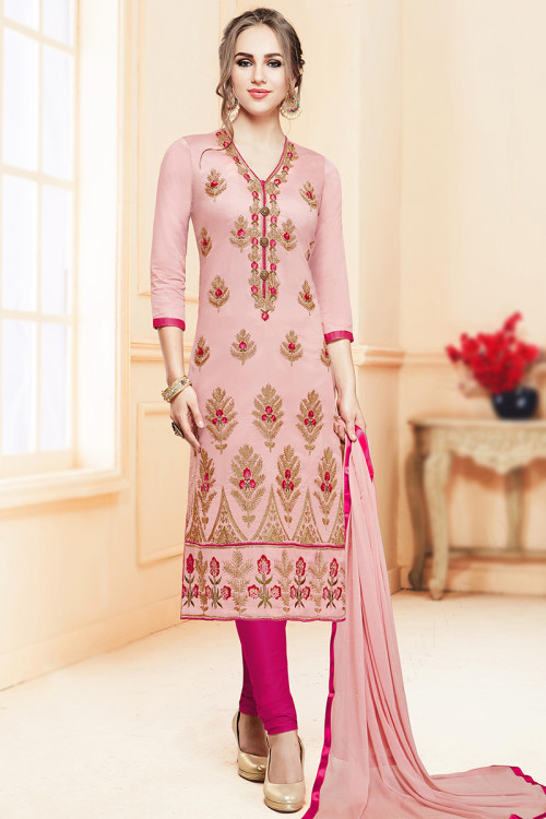 Light Pink Cotton Embroidered Churidar Suit