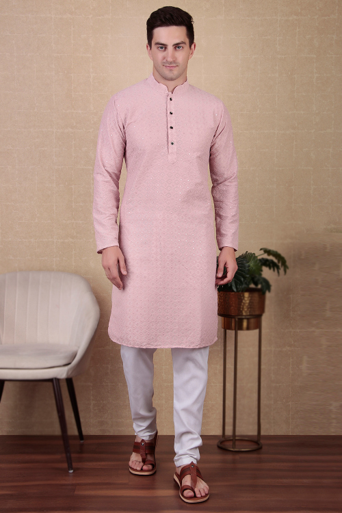 Light Pink Cotton Embroidered Straight Cut Men's Kurta Pajama