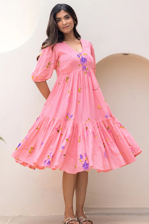 Light Pink Cotton Frock Style Kurti With Printed Work