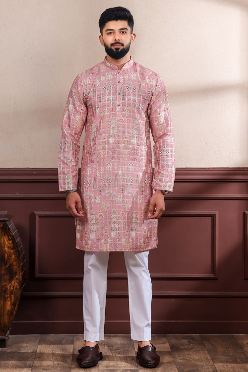 Light Pink Cotton Men's Kurta Pajama With Printed Work 