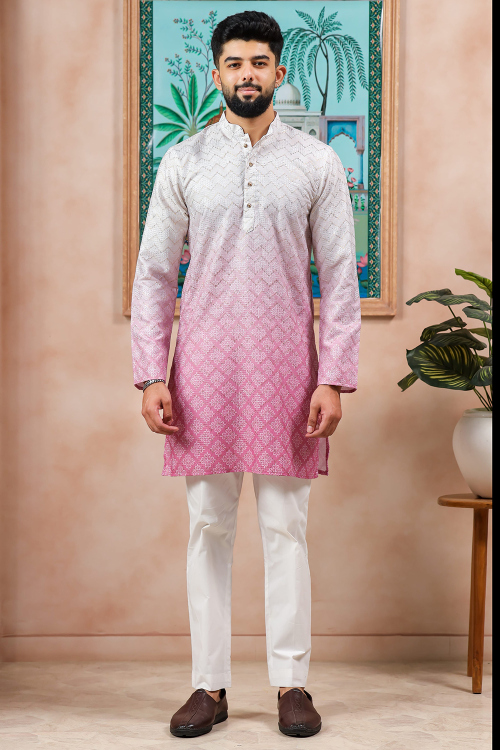 Light Pink Cotton Men's Kurta Pajama With Printed Work