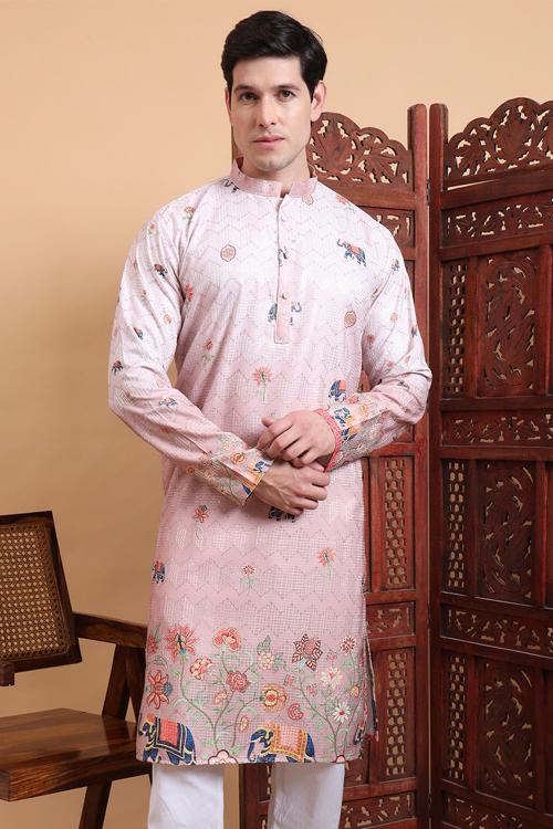 Light Pink Cotton Men's Kurta With Printed Work For Festival 