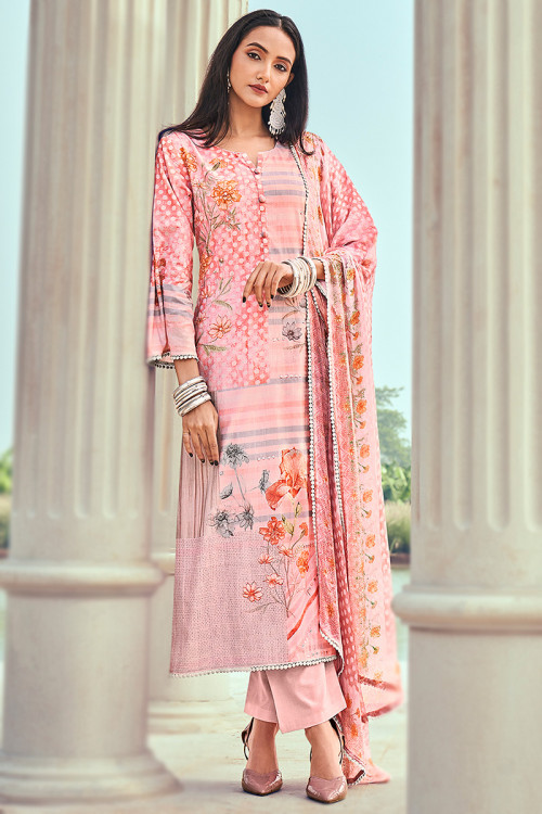 Light Pink Cotton Printed Casual Wear Suit