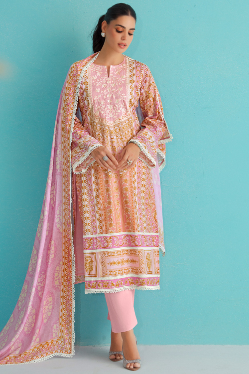 Light Pink Cotton Printed Straight Cut Trouser Suit