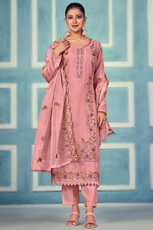 Light Pink Cotton Resham Embroidered Straight Cut Suit 