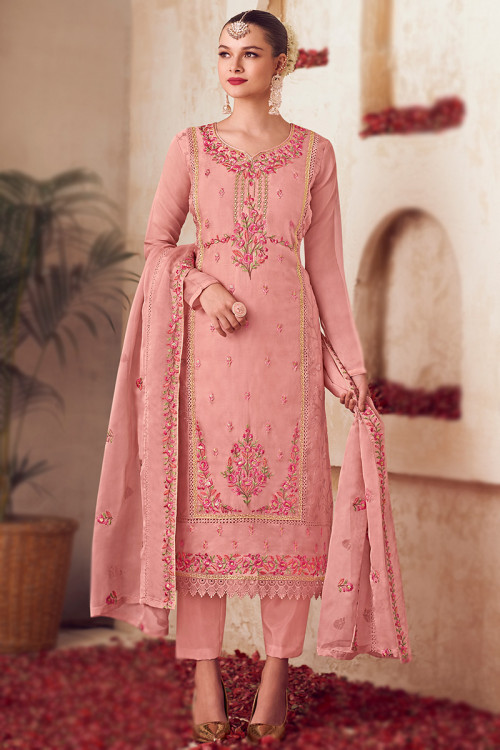 Light Pink Cotton Resham Embroidered Straight Cut Suit