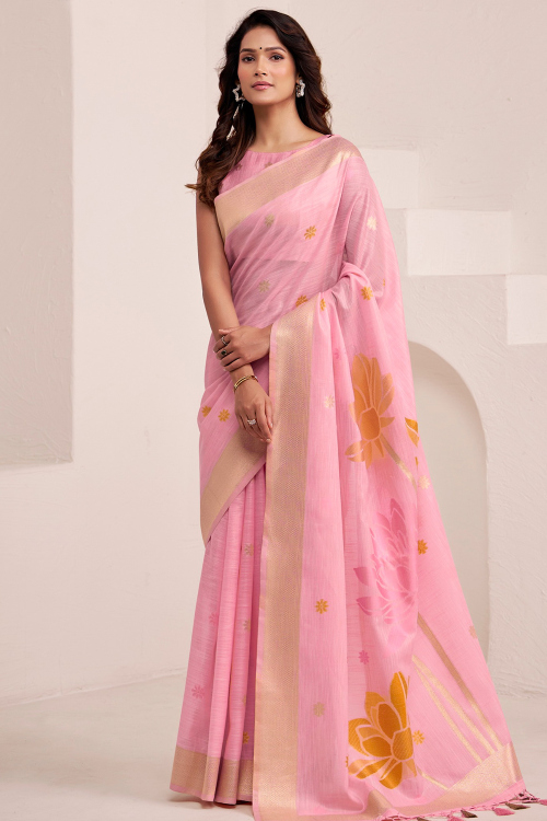 Light Pink Cotton Saree With Weaved Work For Festival