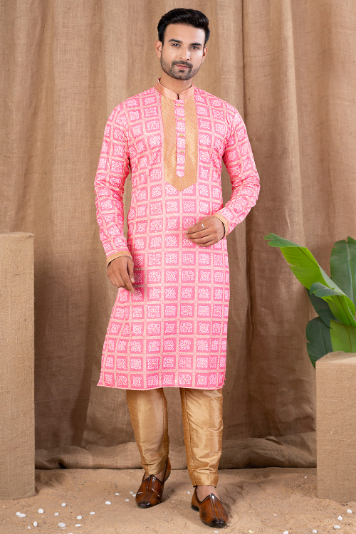 Light Pink Cotton Silk Men's Kurta Pajama With Printed Work