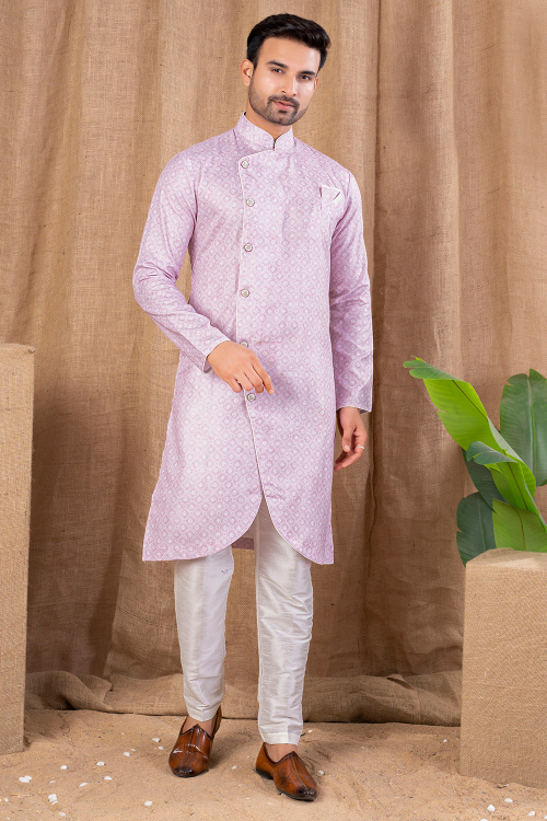 Light Pink Cotton Silk Men's Kurta Pajama With Printed Work