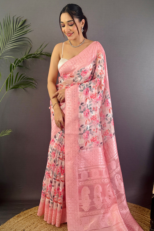 Light Pink Cotton Silk Printed Broad Border Saree
