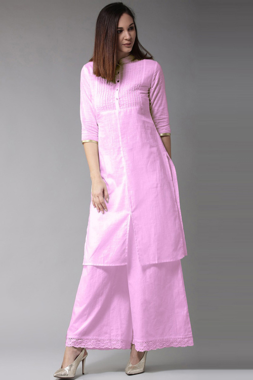 Light Pink Cotton Slub Kurti With Palazzo Pant